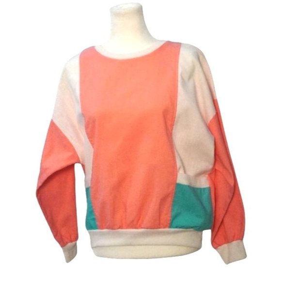 Vintage Tops - Vintage Color Block Shirt, Peach Aqua White Top, Womens Size L, Granny